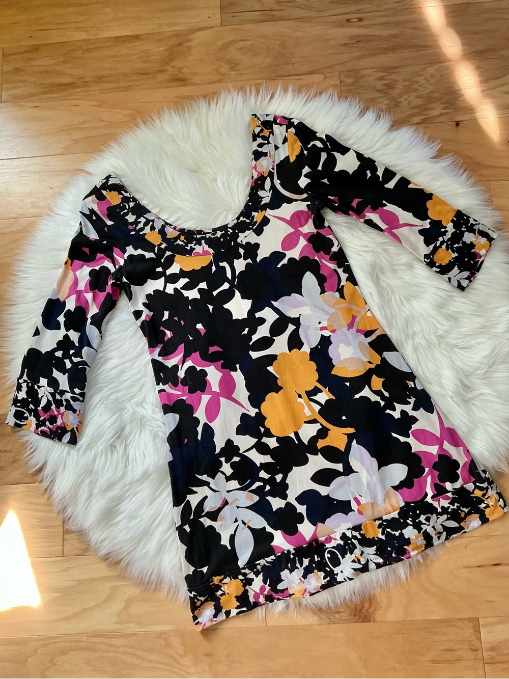 Diane Von Furstenberg Aggie Silk Jersey Floral 3/4 Sleeve Scoop Neck Dress